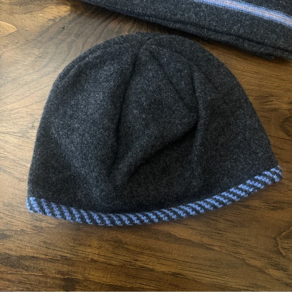 Drake’s Ben Silver Scarf Hat Glove Set Lambs Wool Dark Gray Blue Stripe